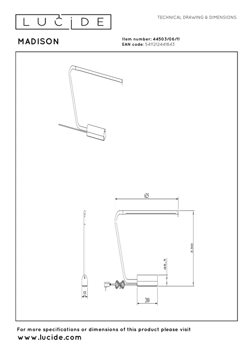 Lucide MADISON - Schreibtischlampe - LED Dim. - 1x9W 2700K - Chrom - technisch